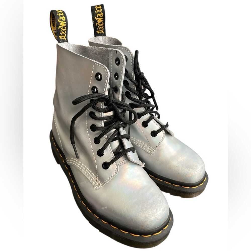 Dr. Martens Pascal Silver Leather Docs Boots Women’s Size 6 Metallic Punk